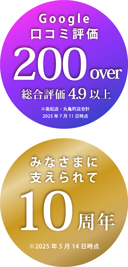 40歳以上に選ばれ続けて 創業10年目 Google口コミ 平均4.9/5 パーソナルジム香川県店舗数 高松市エリアno.1